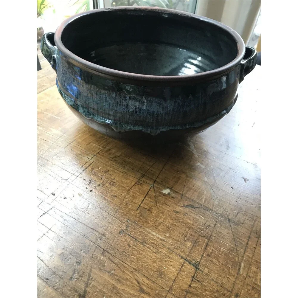 Large Pottery Stoneware Blue Glaze Unsigned With Lid & Handles Cottagecore